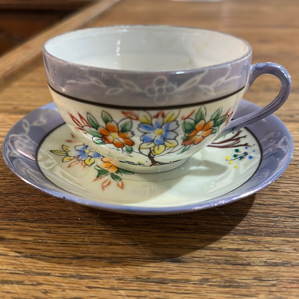 Vintage made in Japan teacup and saucer blue and white with flowers